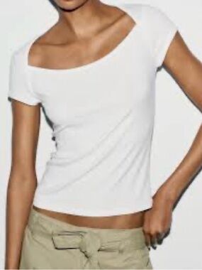 ZARA Square Neck T-Shirt White 3/4 Sleeve NWT